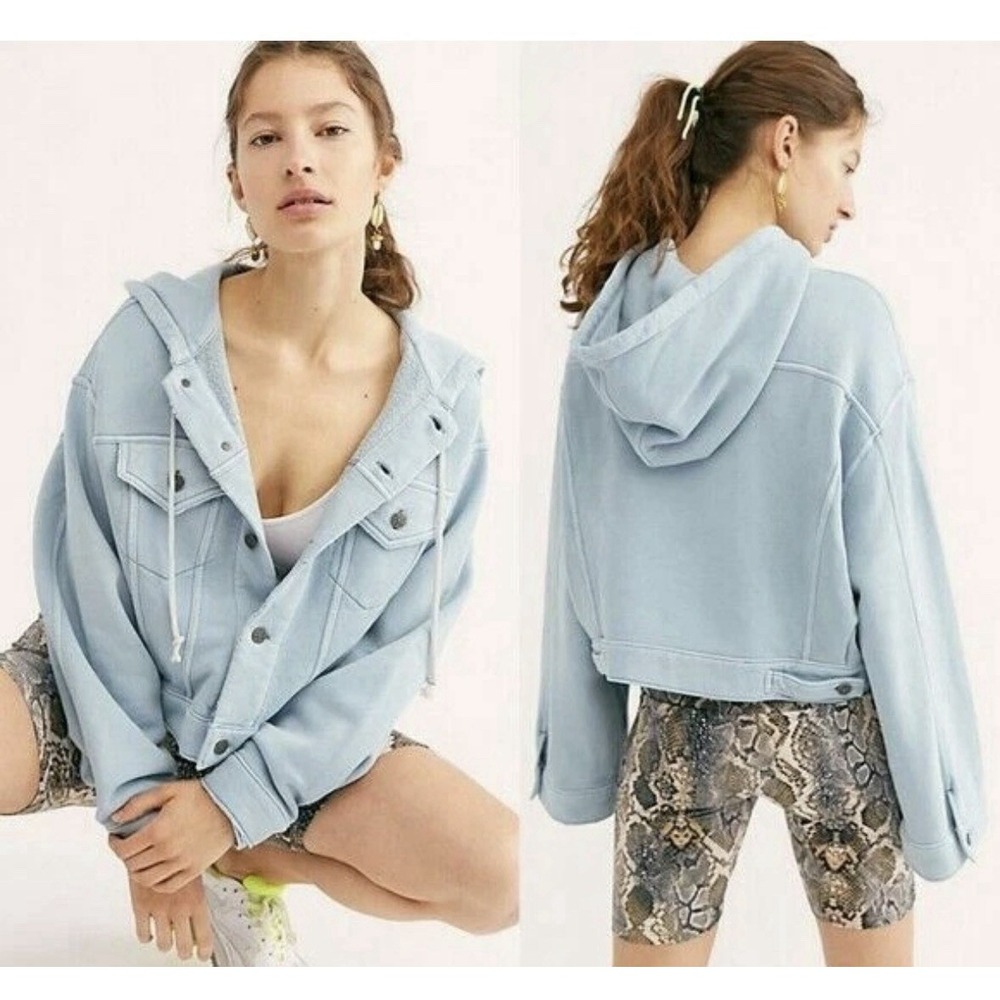 Free People Dreamers Oversized Cropped Blue Button Up Hooded Jacket Relaxed Sz L
